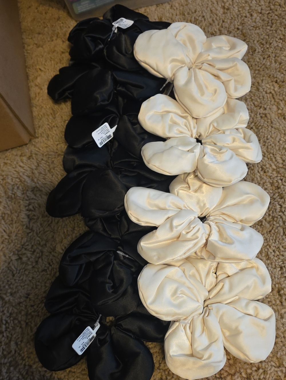 Claire's Set Of 10 Satin Flower Hair Scrunchies - Black (6) & Cream (4).